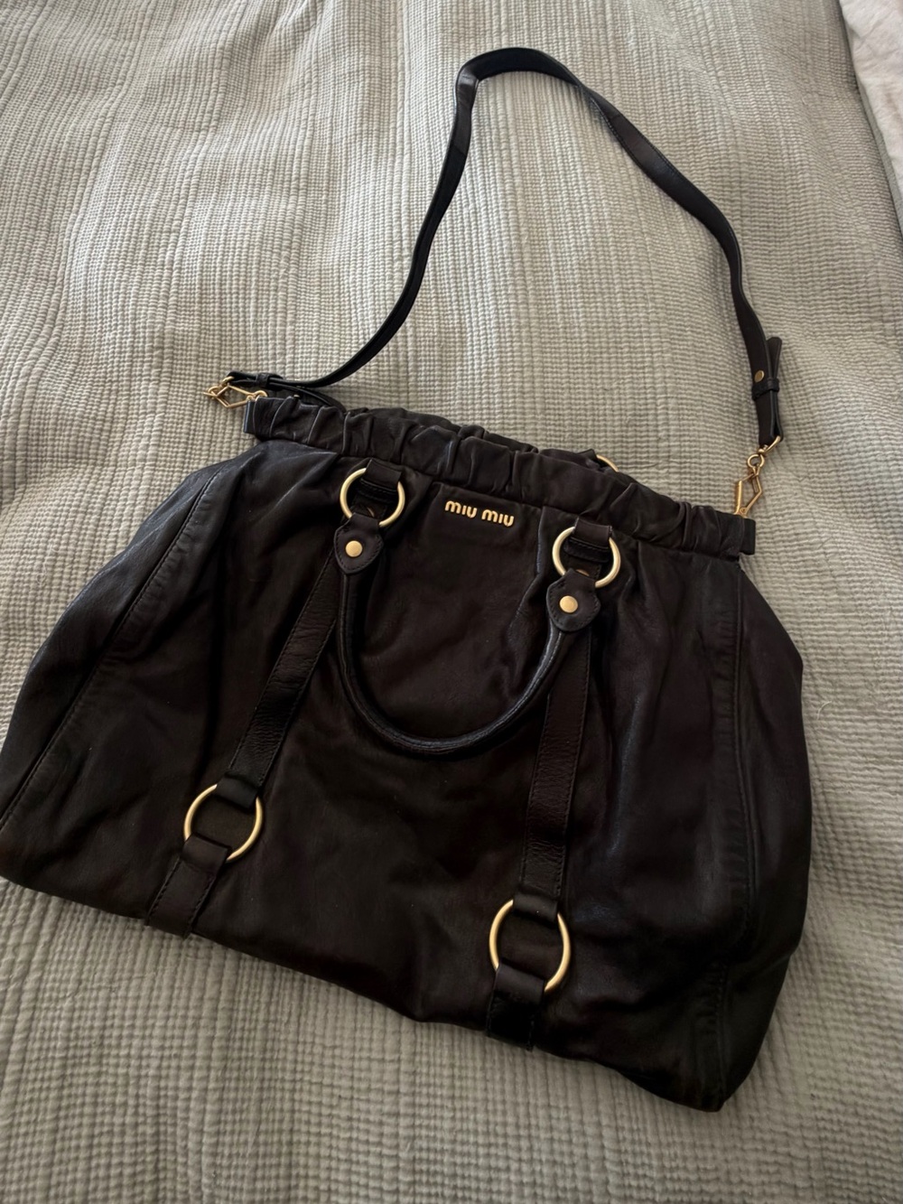 Miu Miu Black Leather Shoulder Bag with Gold Hardware